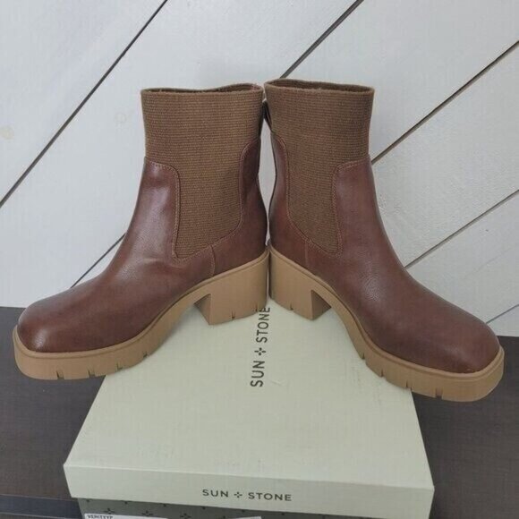 NWT Sun + Stone  SS Verity Chunky Heel Brown Ankle Chelsea Boots 10M Women's - Picture 5 of 10